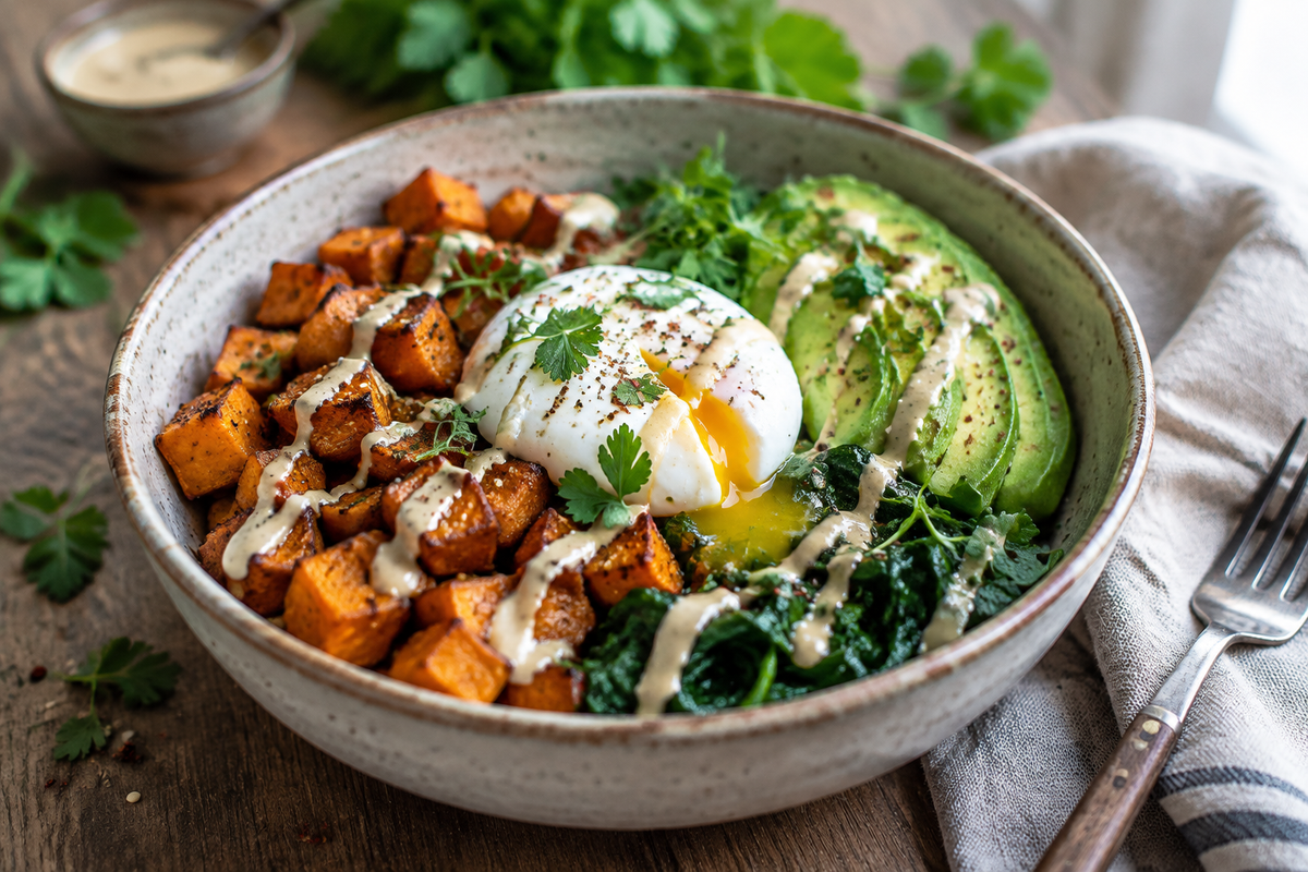Sweet potato breakfast bowl with roasted sweet potatoes, avocado, poached egg, and sautéed spinach, showcasing sweet potato breakfast bowl