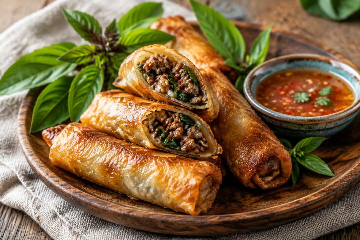 Savory Thai basil beef rolls served with dipping sauce and fresh basil leaves