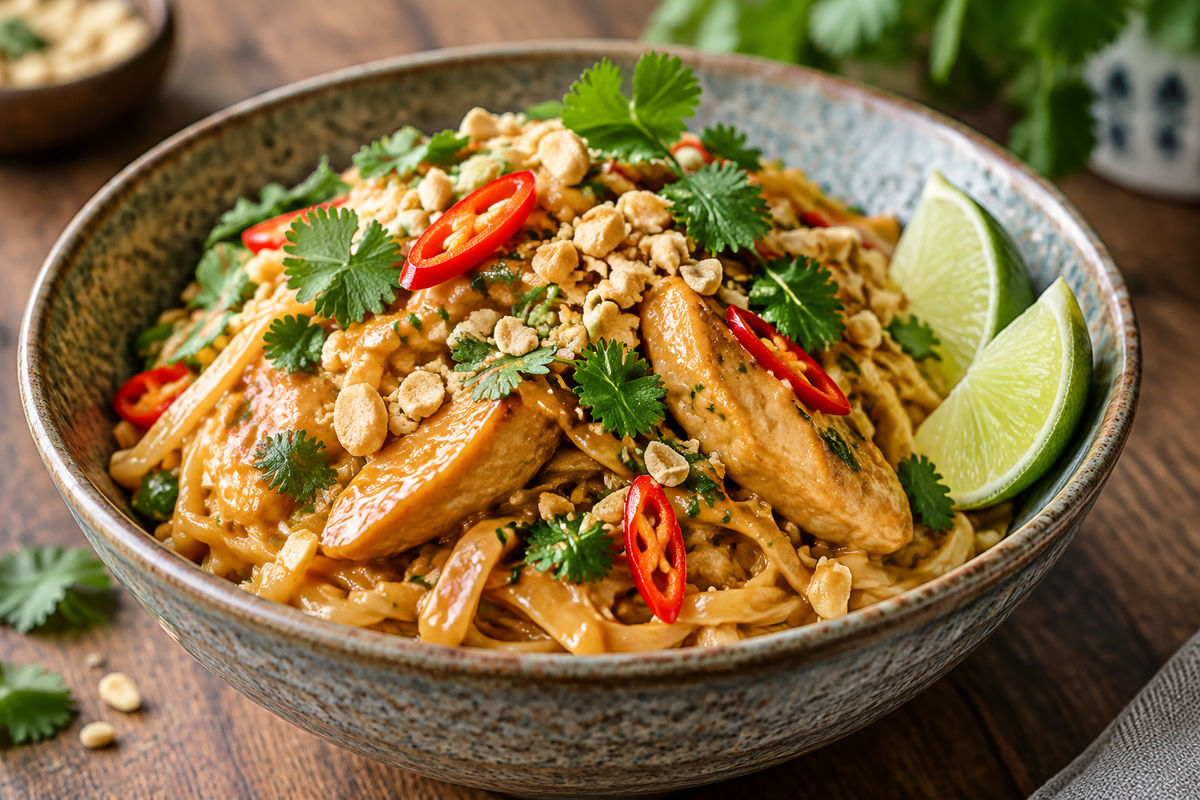 Savory Thai peanut chicken noodle bowl with fresh cilantro and peanuts