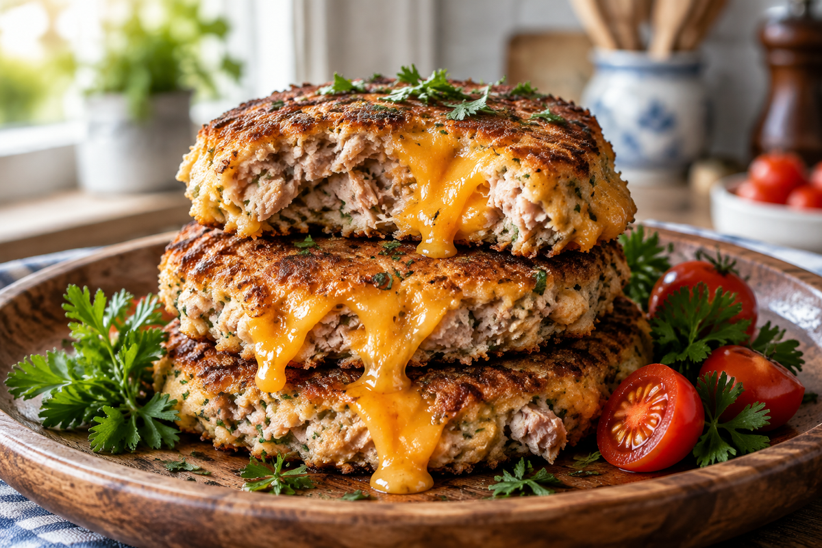 Crispy pan-fried tuna melt patties with melted cheese garnished with parsley