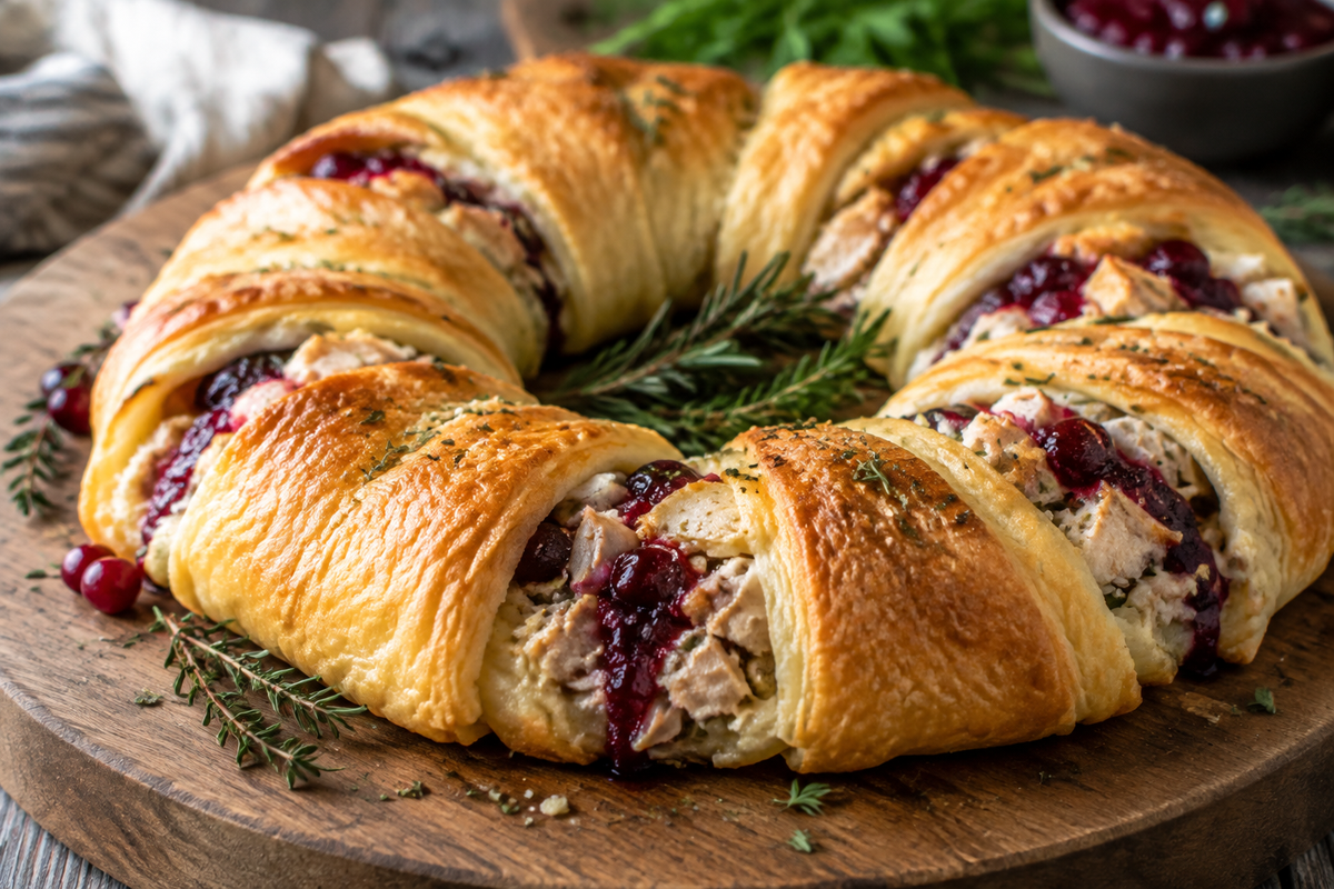 Savory turkey cranberry crescent ring fresh out of the oven with herbs and cranberries