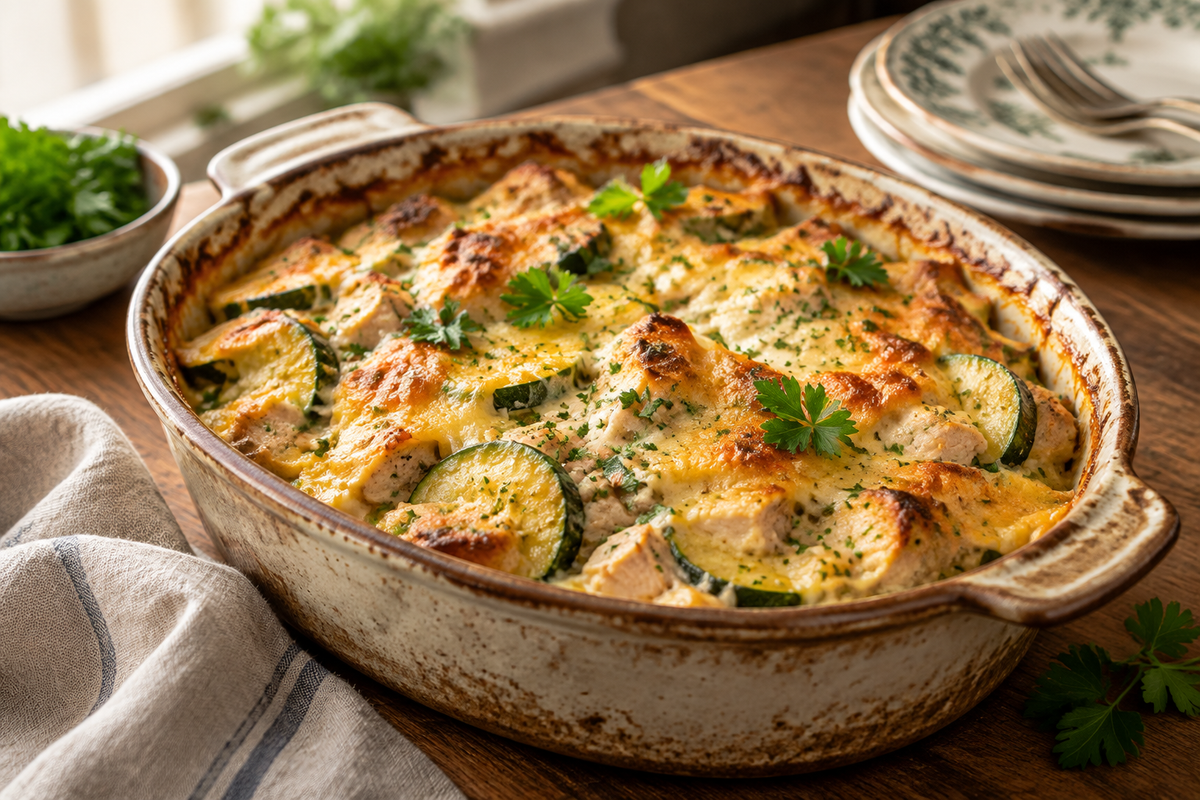 Golden baked turkey zucchini casserole with melted cheese and parsley garnish