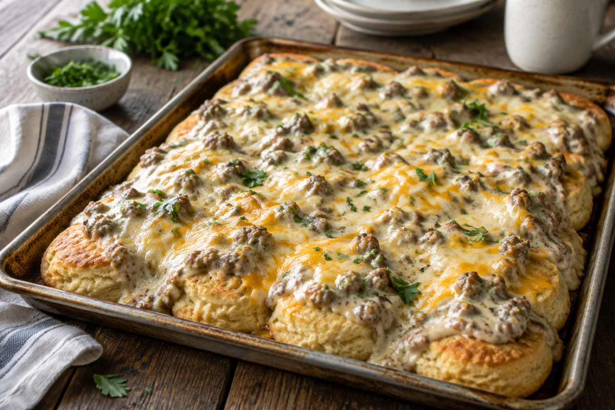 Sheet pan biscuits and gravy pizza topped with sausage gravy and cheese, biscuits and gravy pizza