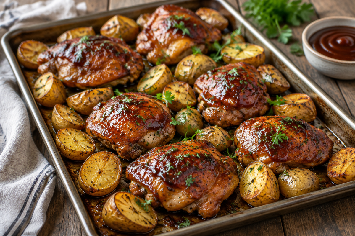 Sheet pan honey bbq chicken potatoes with roasted golden potatoes and fresh parsley garnish