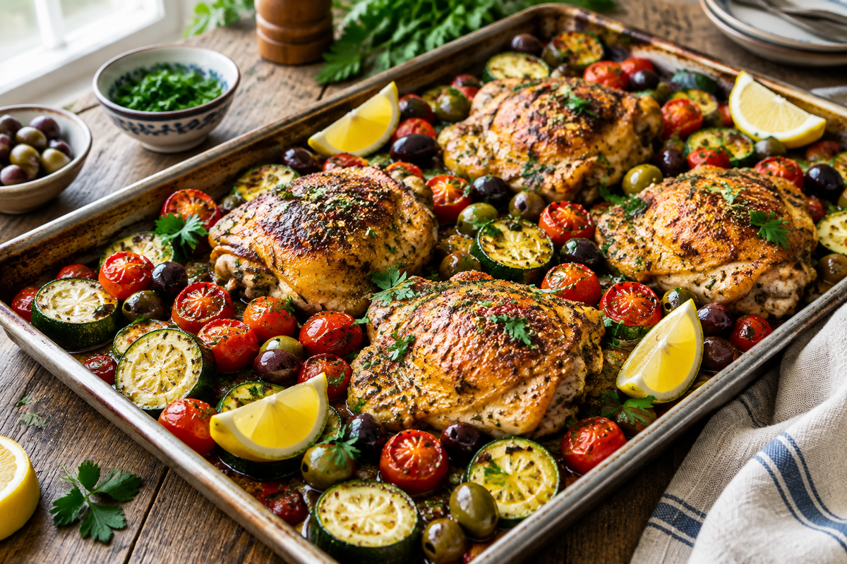 Sheet pan Mediterranean chicken zucchini with roasted cherry tomatoes and fresh herbs