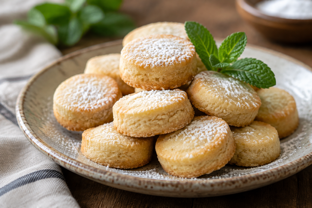 Golden shortbread sugar cookie bites dusted with powdered sugar and garnished with mint, showcasing the shortbread sugar cookie bites