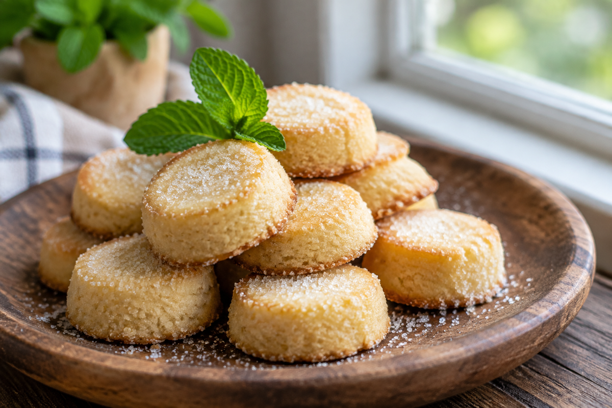 Golden shortbread sugar cookie bites stacked on a wooden plate with a sugar dusting and mint garnish