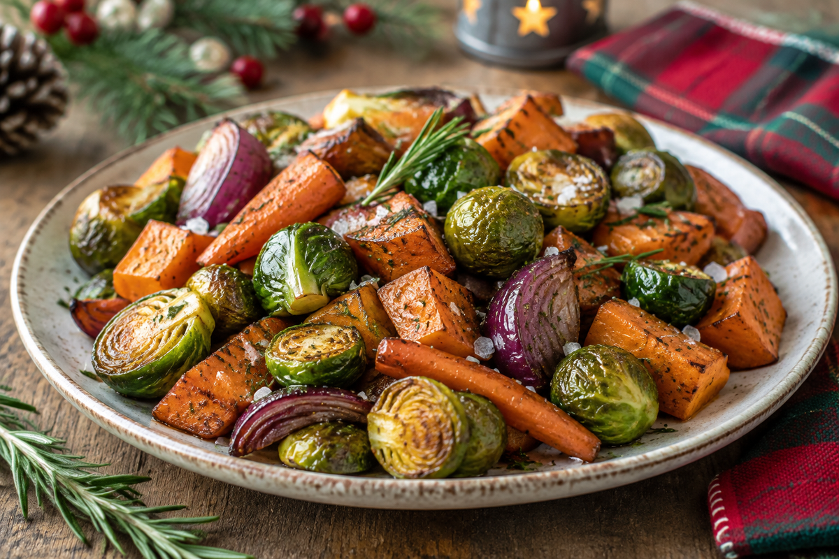 Close-up of roasted Christmas veggies side dish with vibrant colors and fresh herb garnish