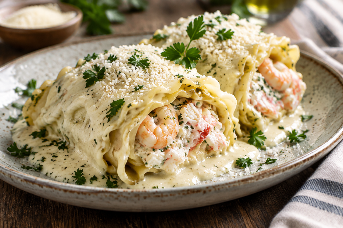 Shrimp crab alfredo lasagna roll-ups garnished with parsley and Parmesan cheese