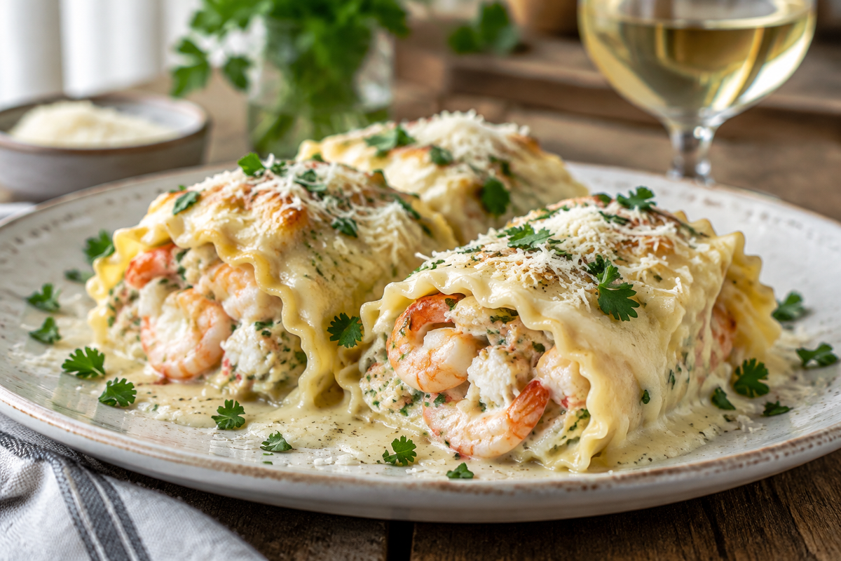 Creamy shrimp crab alfredo lasagna roll-ups garnished with parsley and Parmesan cheese