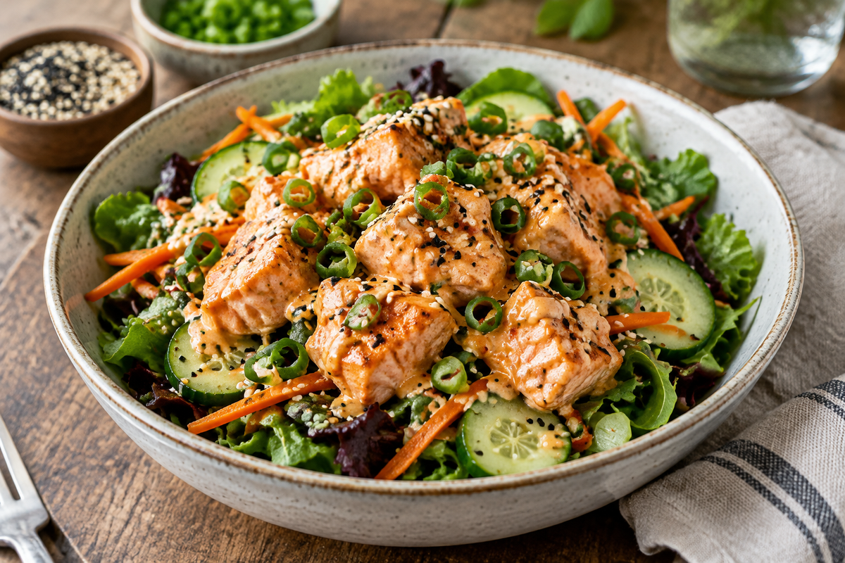 Bang bang salmon salad with creamy spicy sauce over fresh greens and vegetables