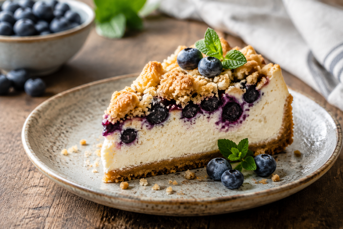 Slice of blueberry crumble cheesecake with golden topping and fresh blueberries, showcasing blueberry crumble cheesecake