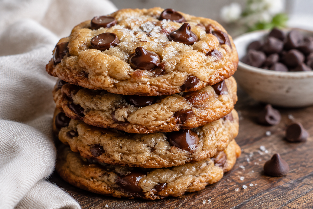 Stack of chocolate sugar cookies with browned butter blondie texture and chocolate chips