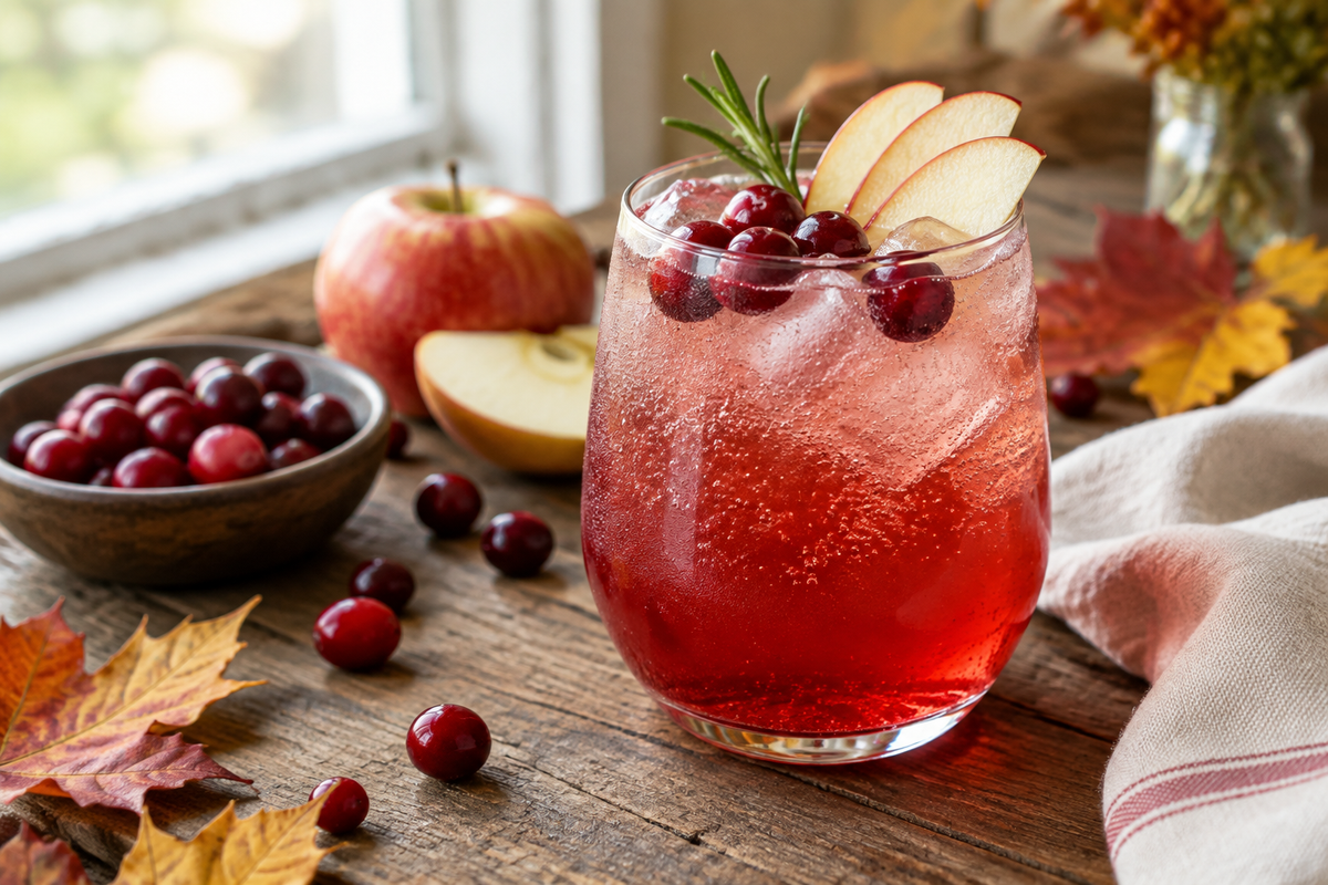 Refreshing cranberry apple spritzer mocktail in a clear glass with fresh cranberries and apple slices garnish