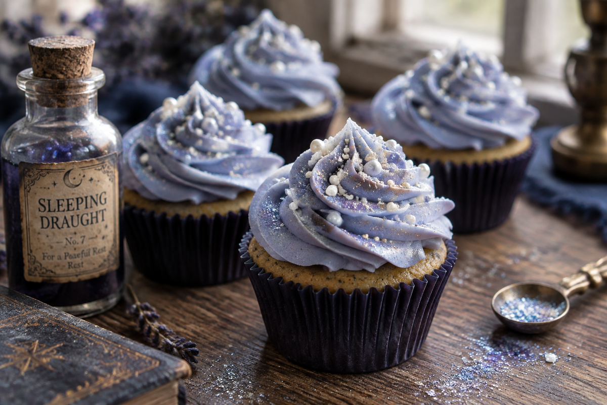 Sleeping draught cupcakes with lavender-blue frosting and edible glitter inspired by Harry Potter