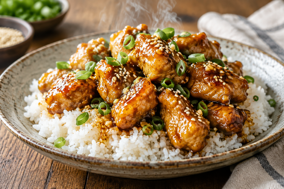 Honey garlic chicken bites served with rice garnished with green onions and sesame seeds