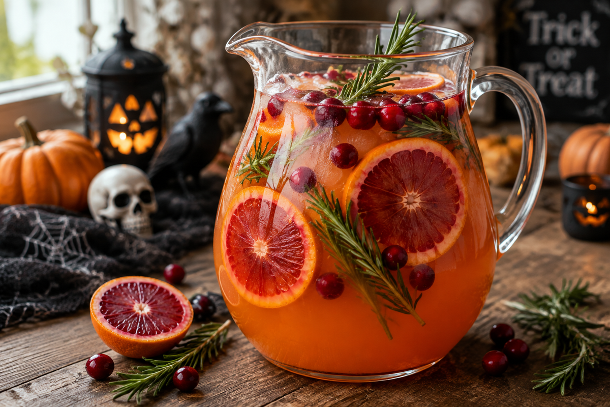 Glass pitcher of simple hocus pocus non-alcoholic halloween punch garnished with blood orange slices and cranberries