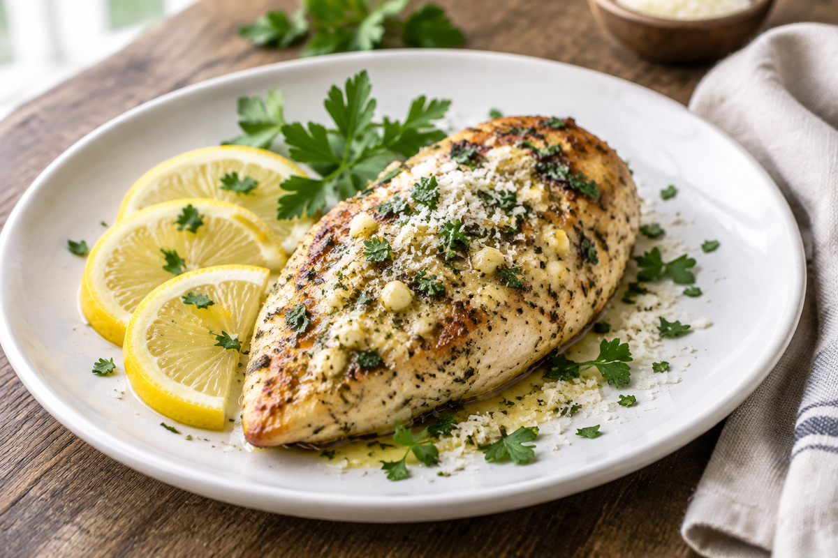 Simple lemon garlic parmesan chicken served with lemon slices and parsley garnish