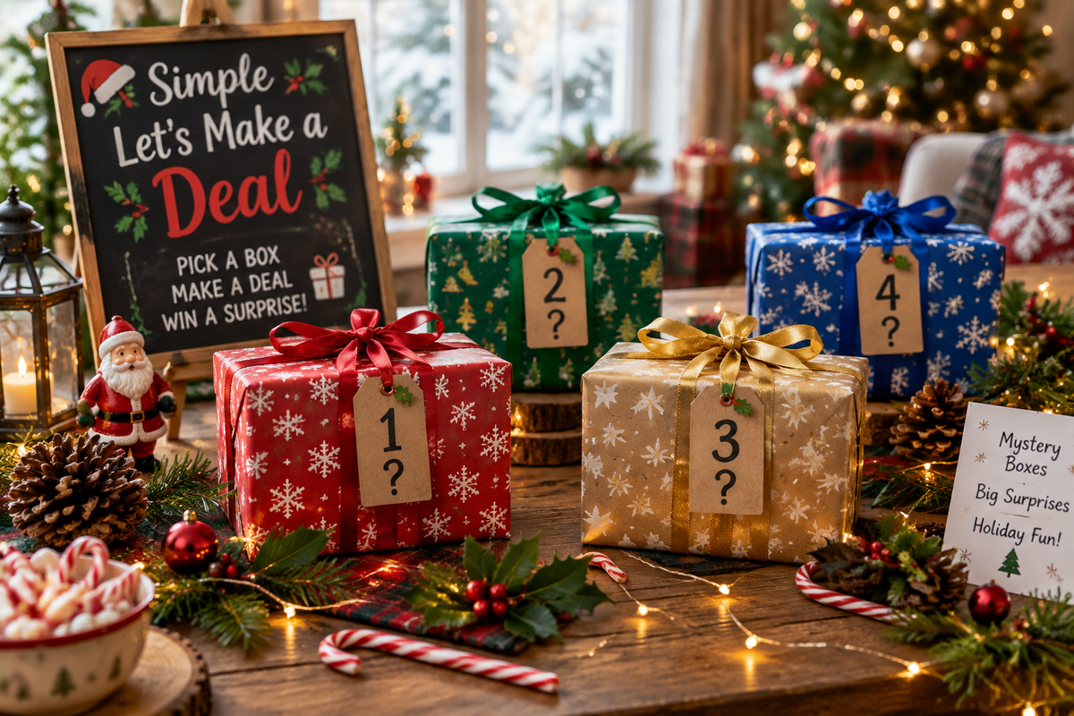 Christmas party game setup for Simple Let’s Make a Deal featuring wrapped mystery boxes and festive decorations
