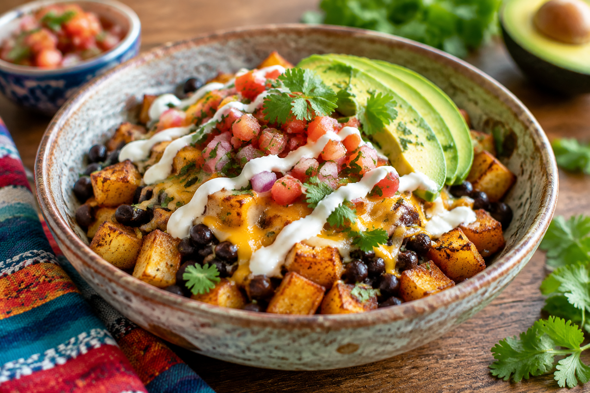 Loaded potato taco bowl with seasoned potatoes, black beans, avocado, cheese, and pico de gallo, a perfect loaded potato taco bowl