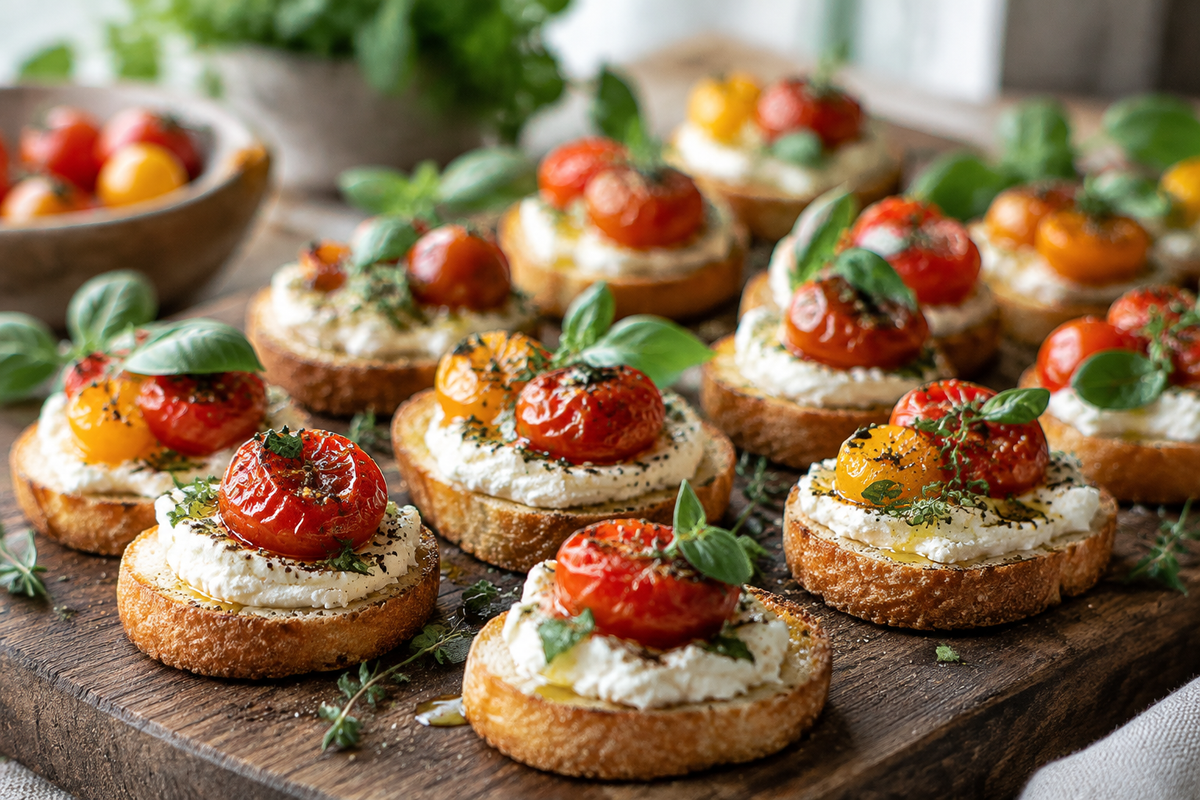 Mini one bite appetizers with cheese and herbs on toasted bread rounds