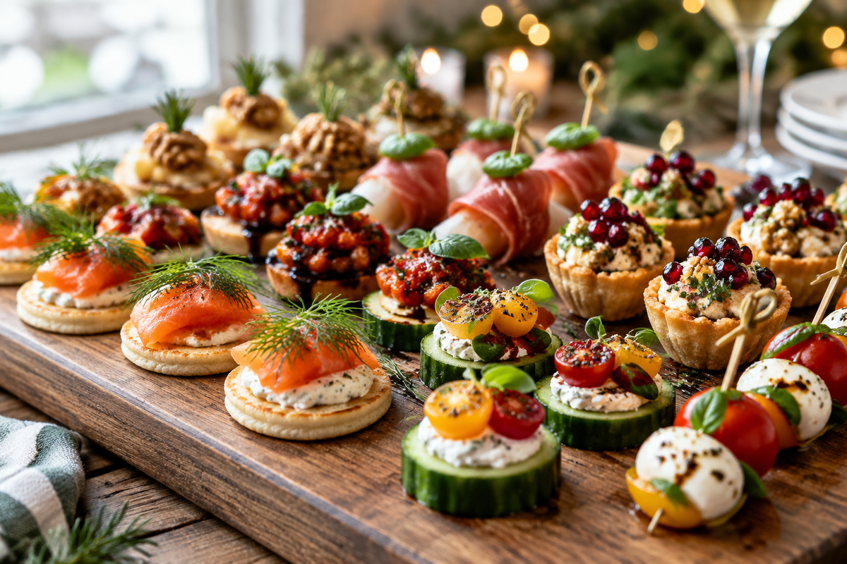 Platter of colorful mini one bite appetizers perfect for a party gathering
