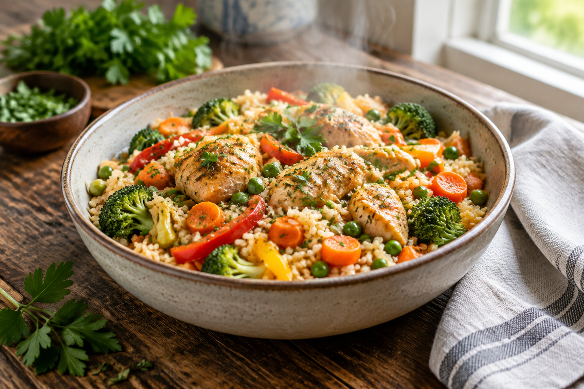 One-pot family dinner with chicken, rice, and vegetables in a rustic bowl garnished with fresh herbs