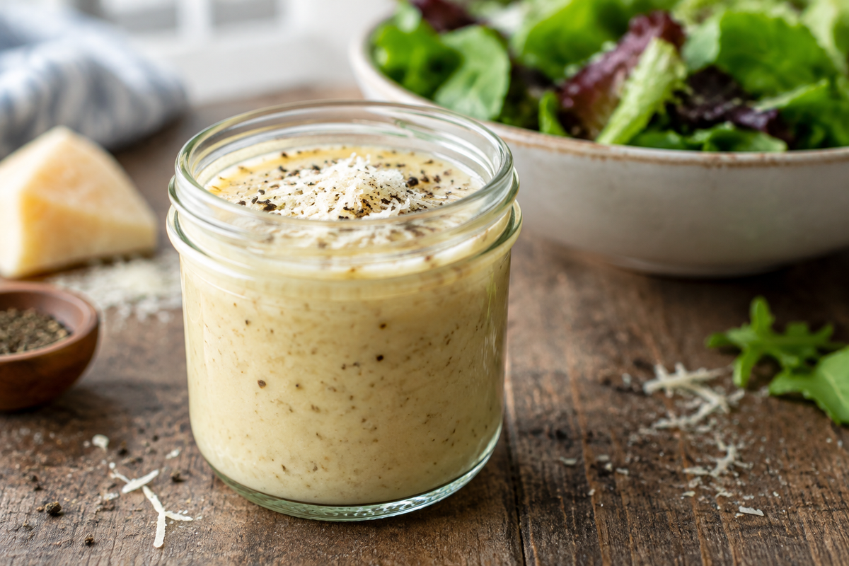 A jar of simple parmesan vinaigrette dressing with grated parmesan and black pepper on rustic table