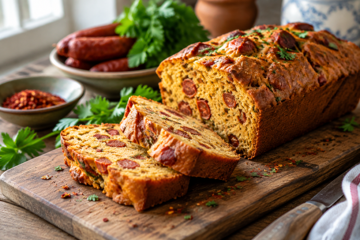 Slice of golden cake au chorizo garnished with parsley and chili flakes on a wooden board