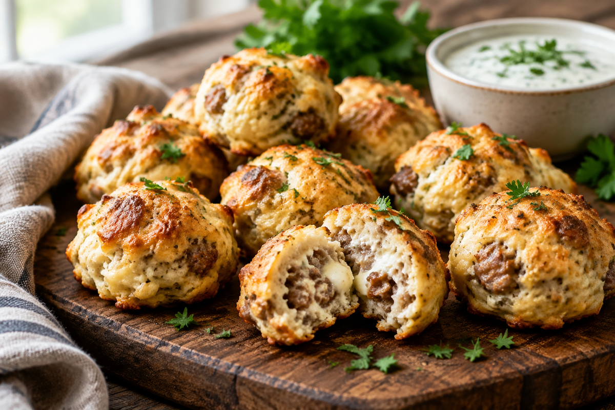 Sausage cream cheese biscuit bites on wooden board garnished with parsley perfect appetizer