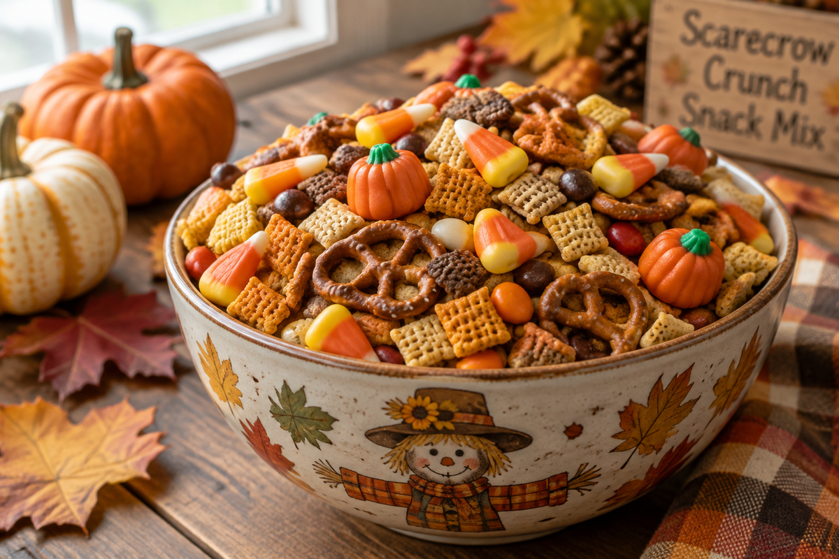 Simple scarecrow crunch snack mix in a bowl with colorful cereal and candy corn for Halloween