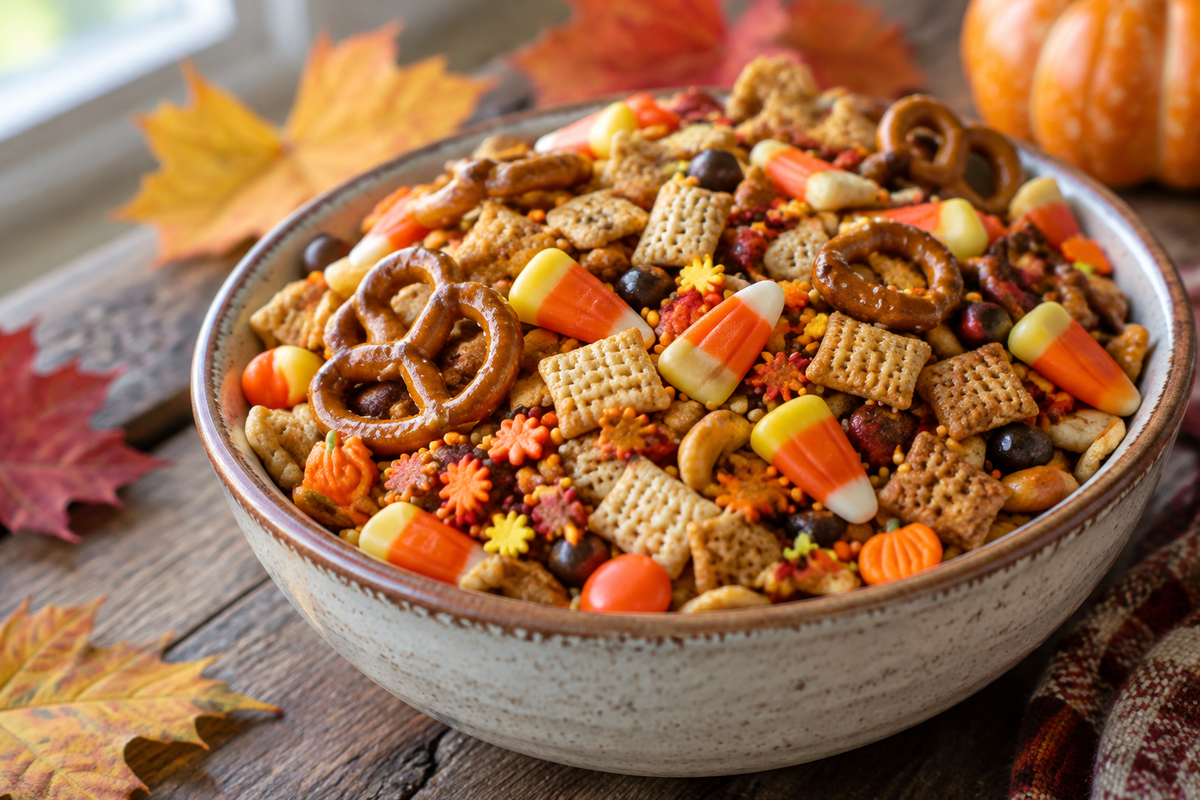 Bowl of simple scarecrow crunch snack mix with pretzels, candy corn, and festive toppings for Halloween