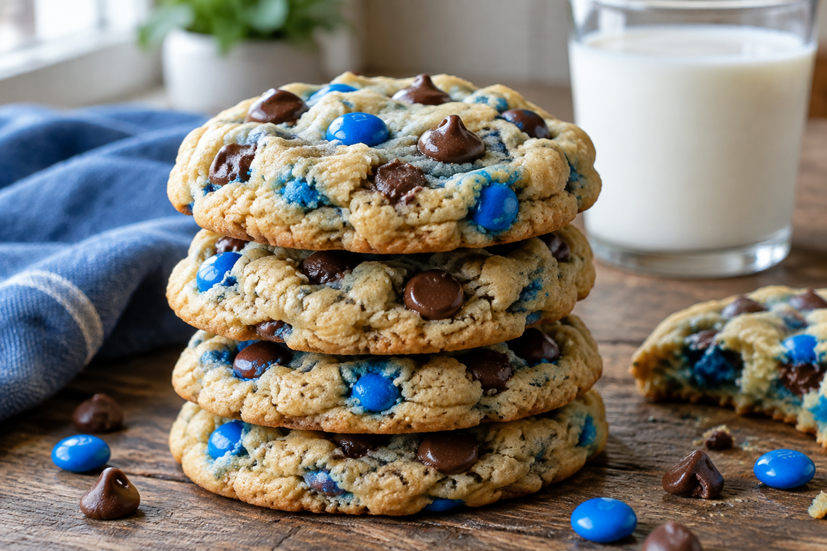 Soft and chewy cookie monster cookies with colorful chips on a rustic wooden surface, cookie monster cookies