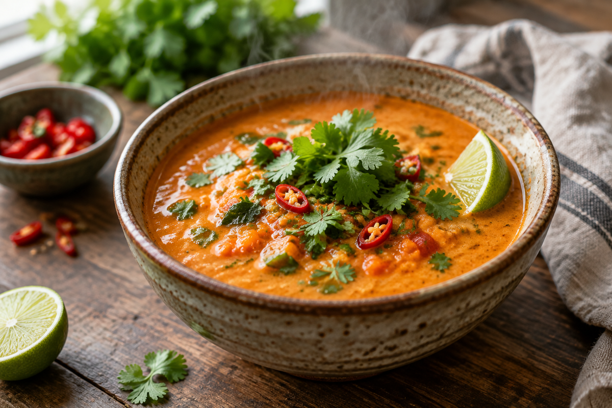 Thai coconut soup with red lentils garnished with cilantro and lime wedge in a rustic bowl