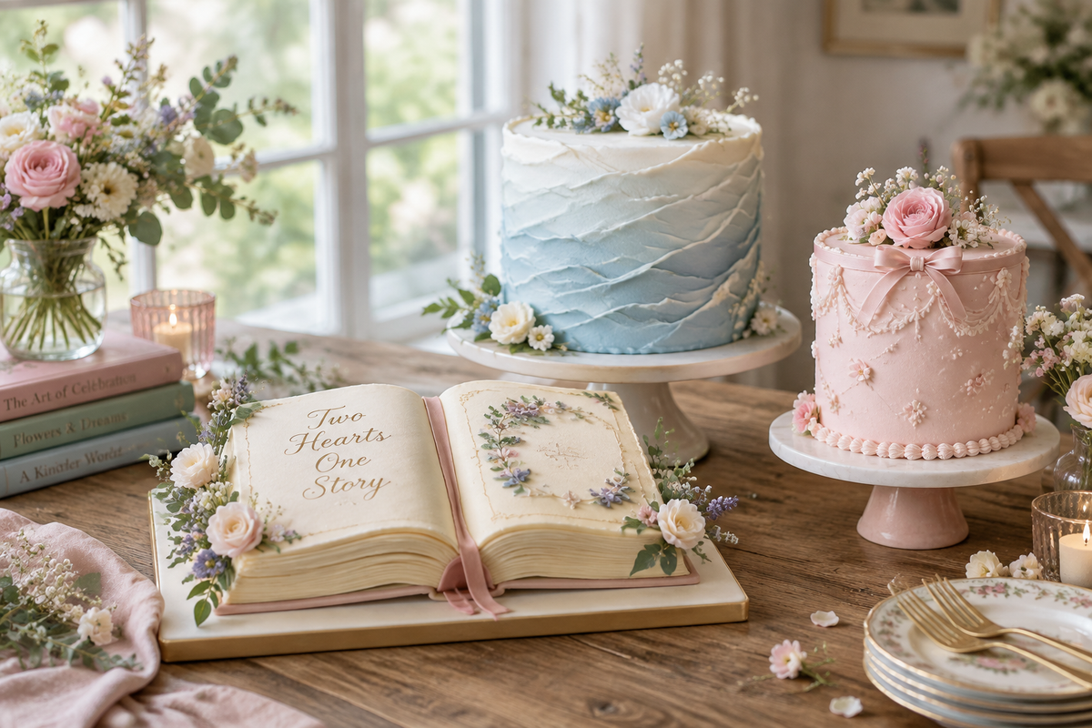 Simple wedding cakes featuring book-shaped, wave-textured, and girly designs elegantly decorated