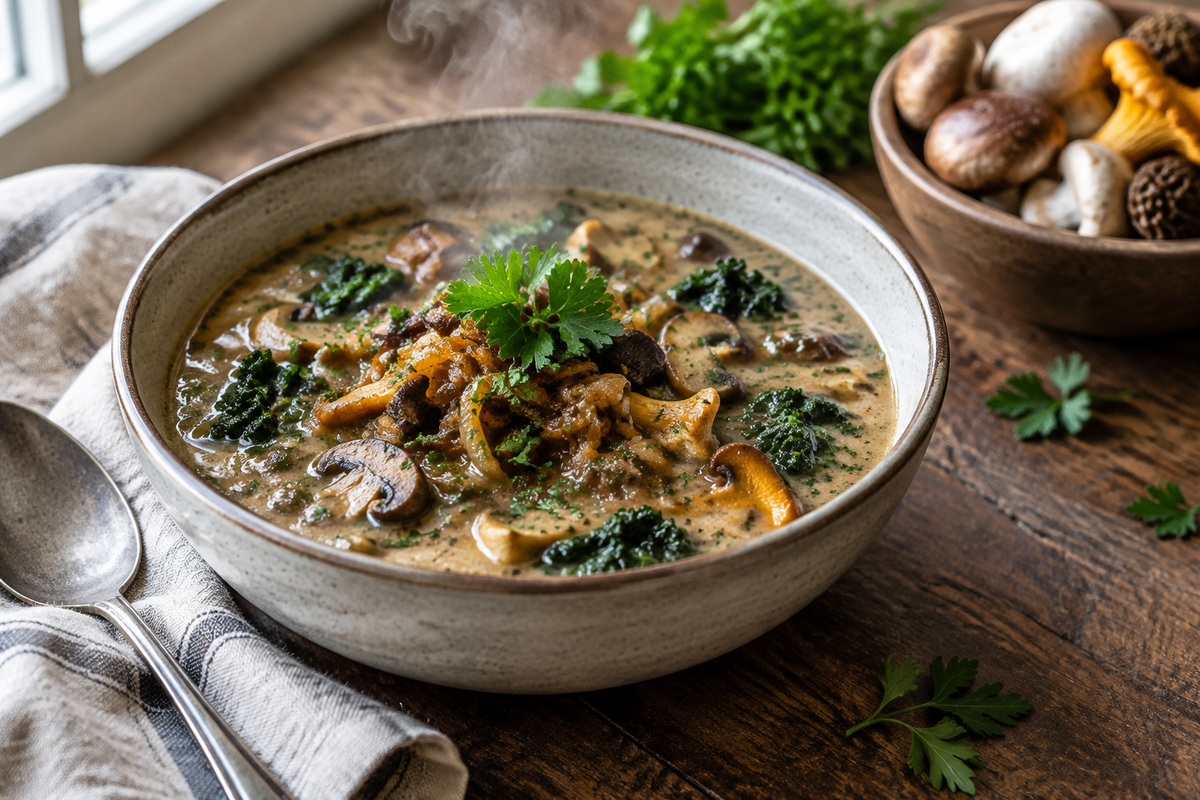 A bowl of wild mushroom soup with caramelized onions and kale garnished with parsley, showcasing wild mushroom soup