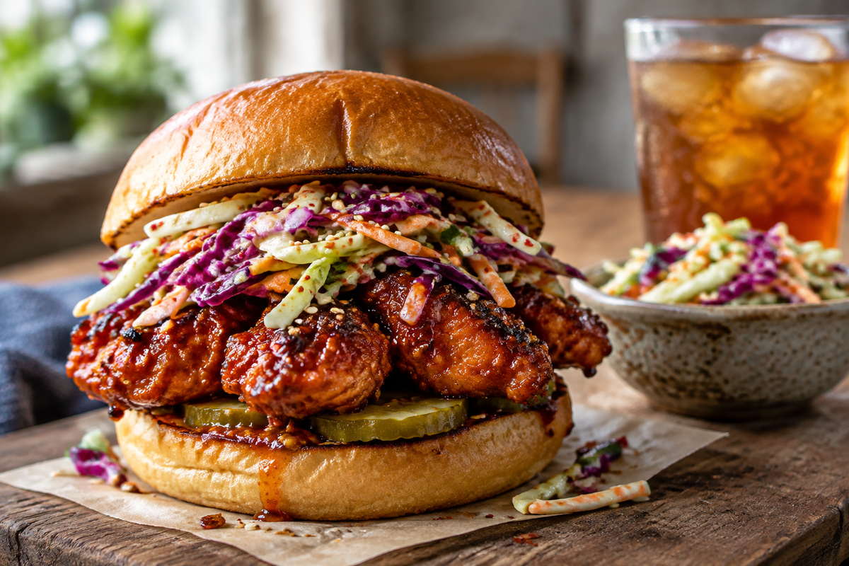 Sizzlin' spicy Korean BBQ chicken sandwich topped with crunchy slaw on a rustic bun