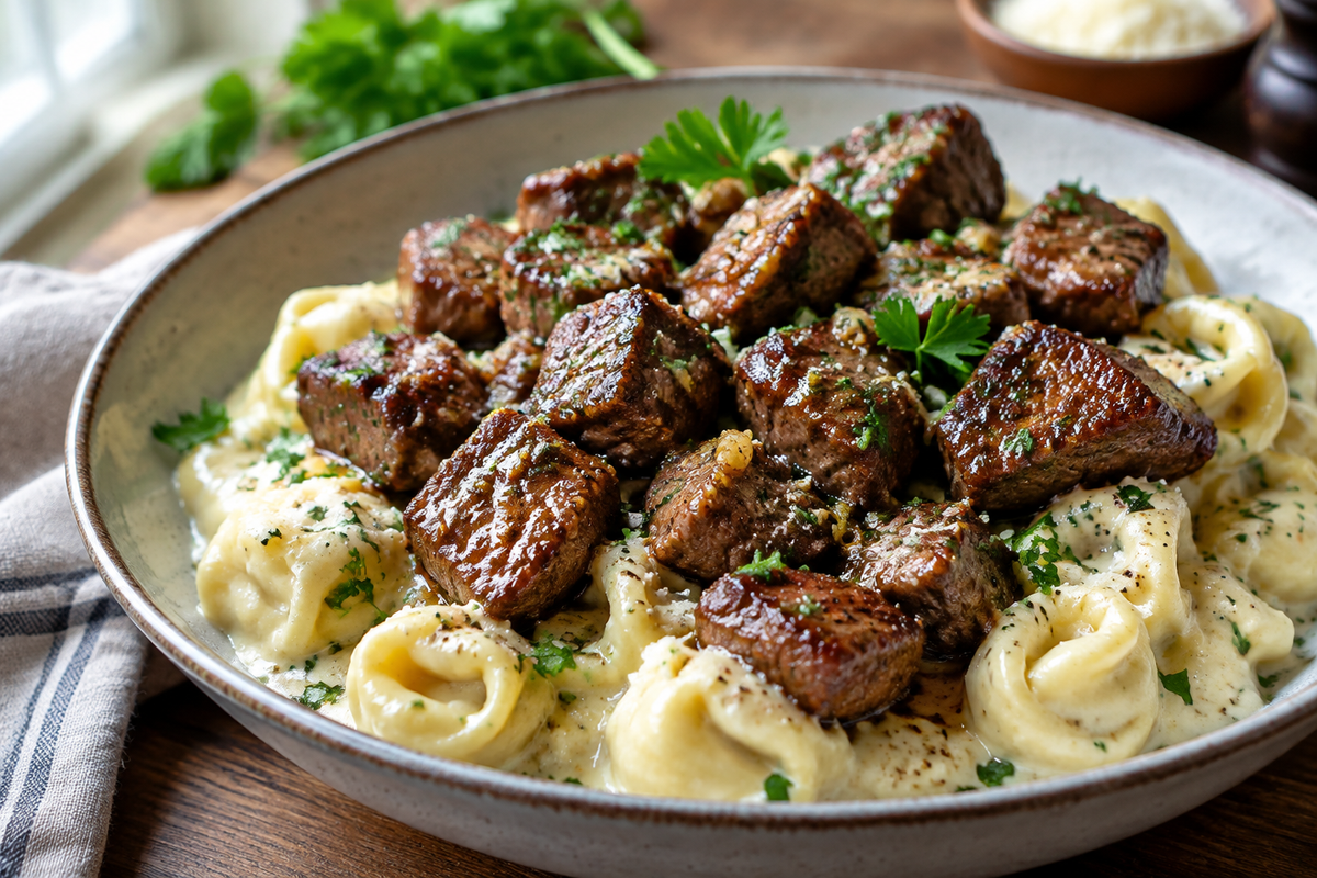 Sizzling butter steak bites served with creamy Alfredo tortellini garnished with parsley