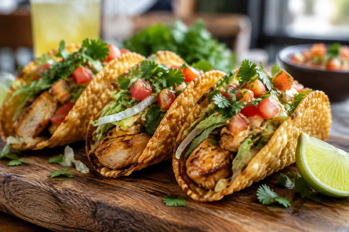 Sizzling chicken wonton tacos with crispy shells and fresh toppings served on a rustic board