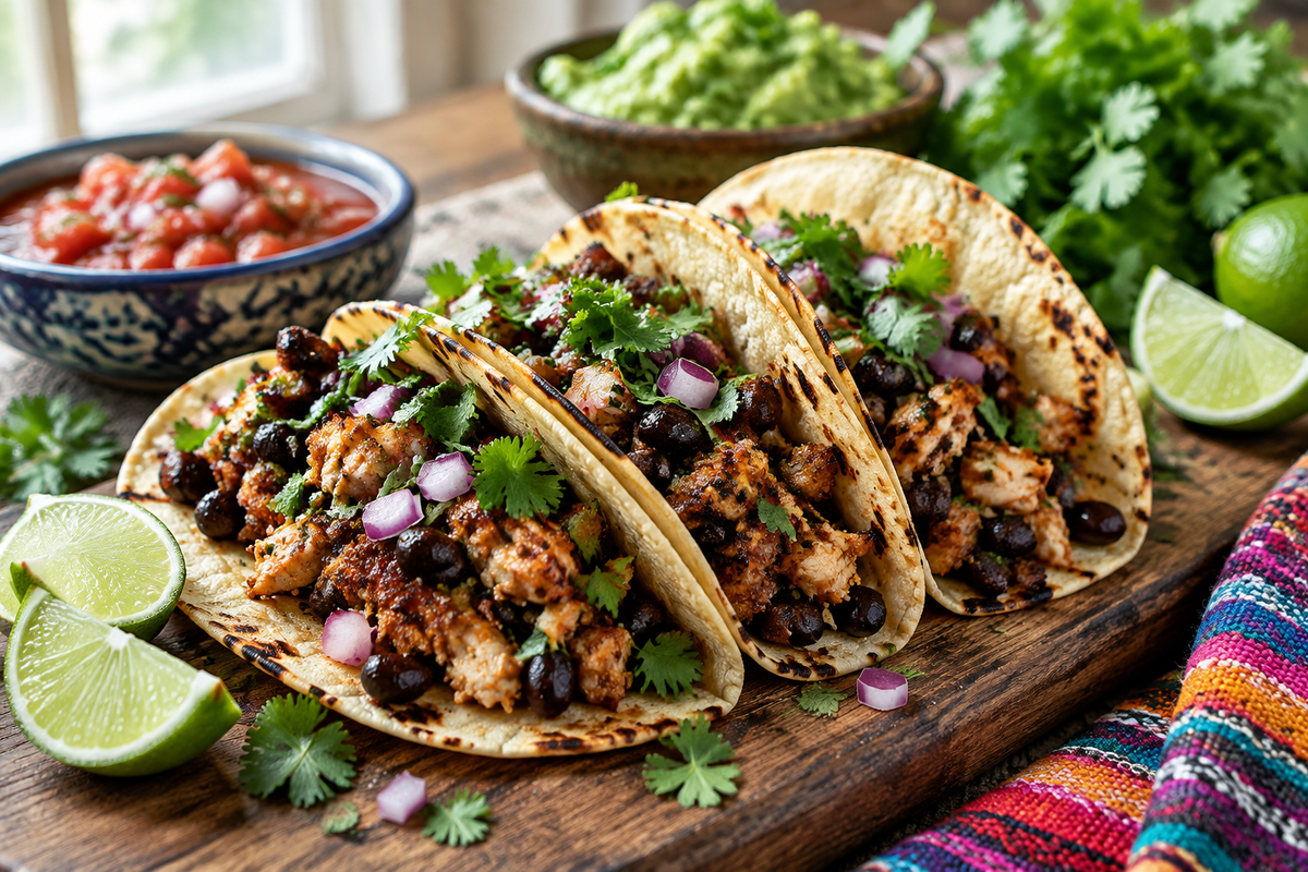 Sizzling crispy turkey tacos with black beans garnished with cilantro and lime wedges