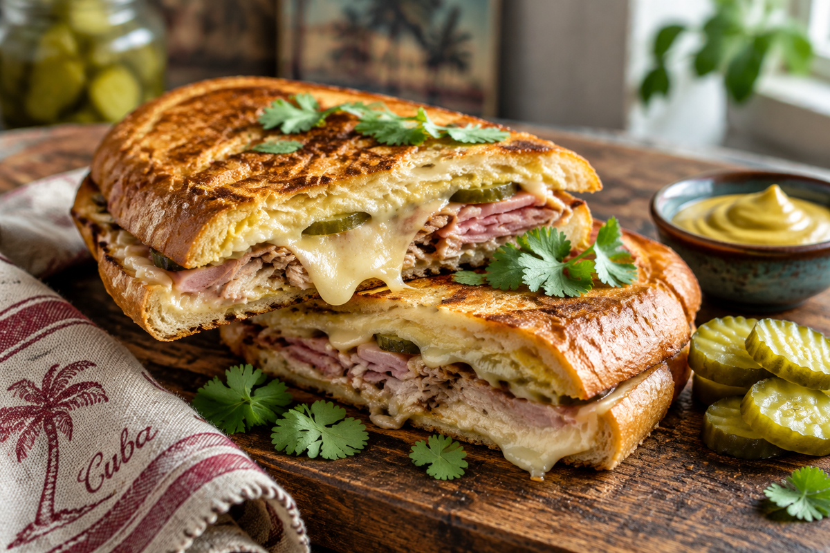 Sizzling Cuban grilled cheese sandwich with melted cheese and garnishes on rustic board