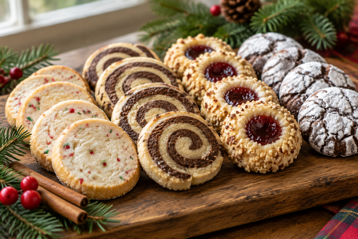 slice and bake cookies in four holiday flavors arranged on rustic board with festive garnishes