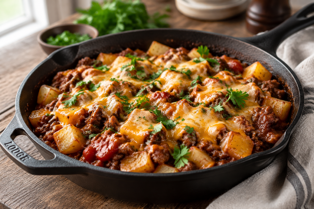 Sloppy joe potato skillet with ground beef, diced potatoes, tomato sauce, and parsley garnish