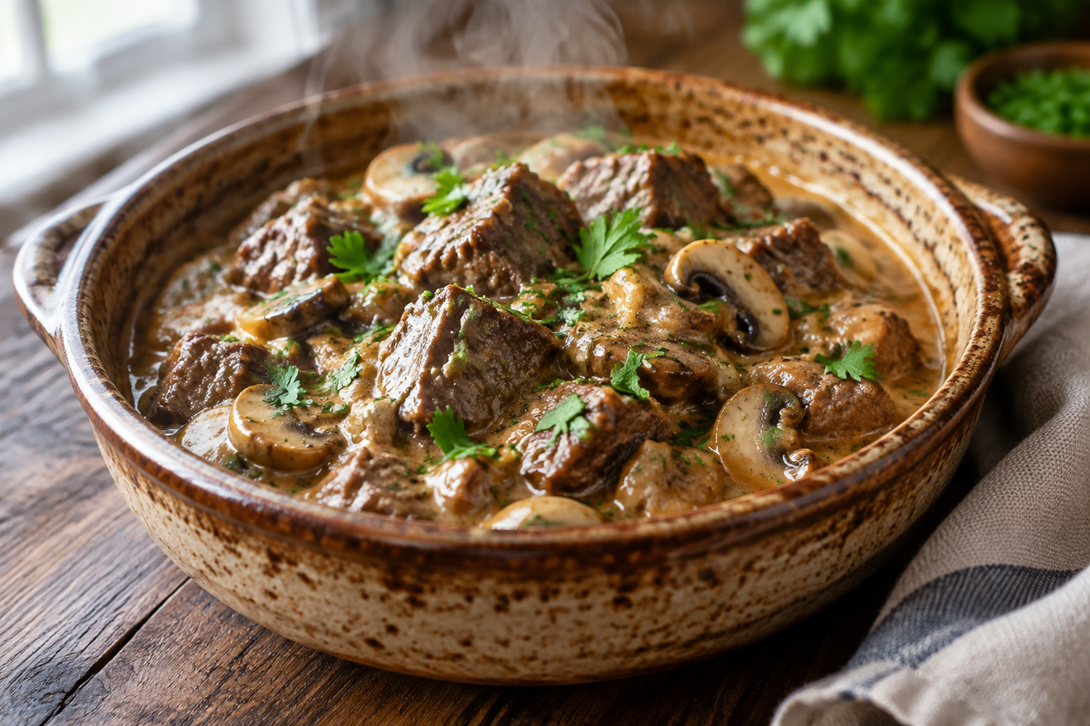 Slow cooked steak diane casserole in a rustic dish garnished with fresh parsley