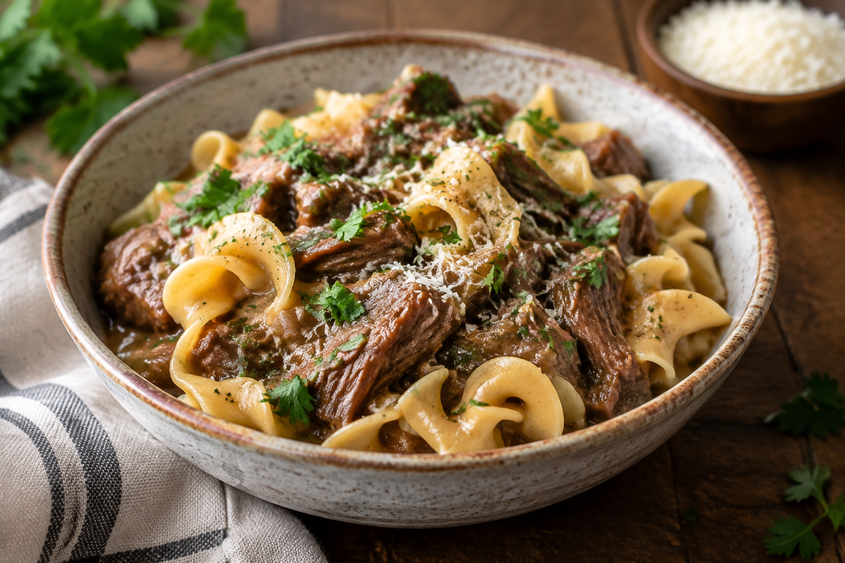 Slow cooker beef noodles with egg noodles garnished with parsley in a rustic bowl