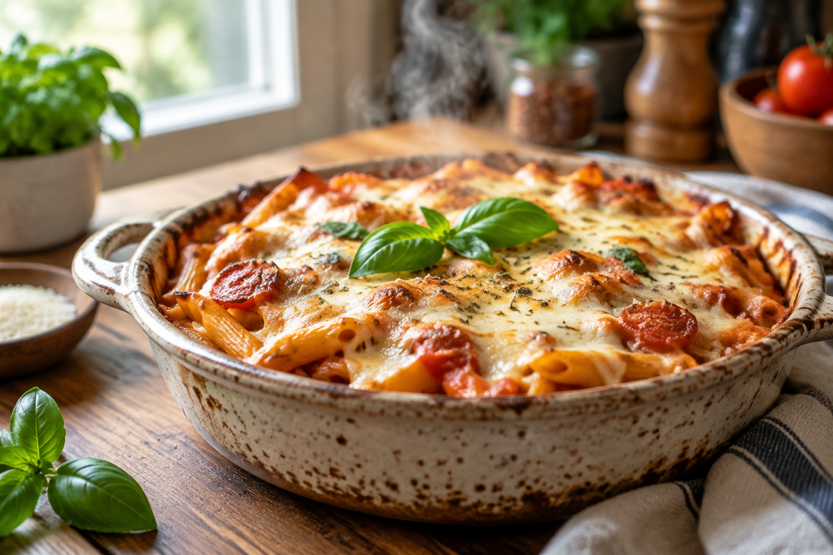 Cheesy pizza pasta bake in a rustic dish garnished with fresh basil, showcasing pizza pasta
