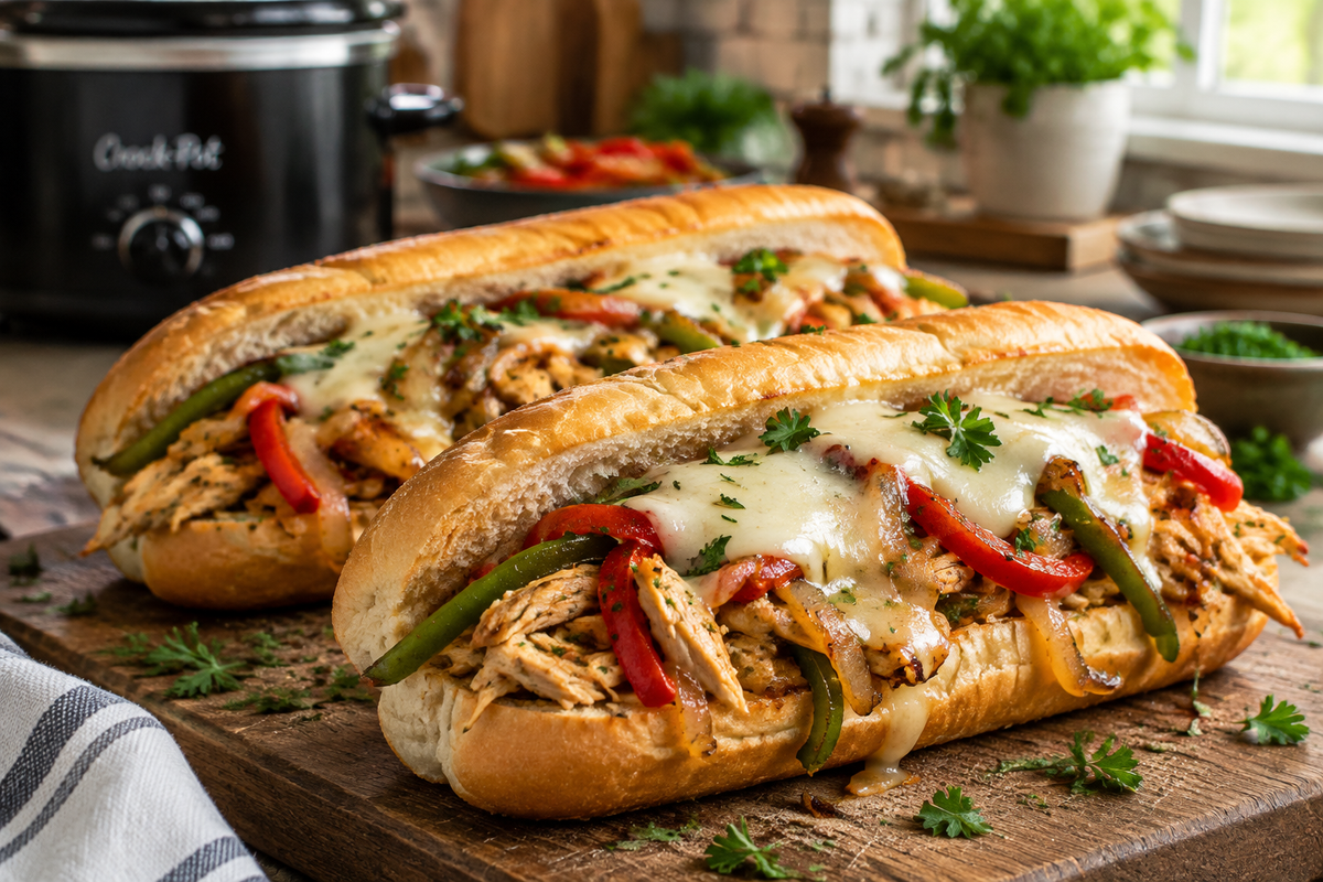 Slow cooker chicken philly sandwiches with melted cheese, peppers, and onions on toasted hoagie rolls