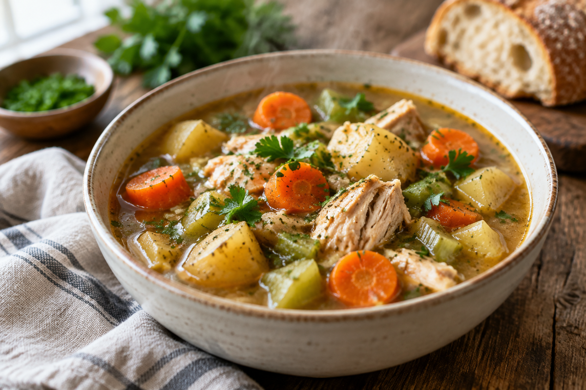 Slow cooker chicken stew with tender chicken, carrots, potatoes, and celery in a bowl, garnished with parsley