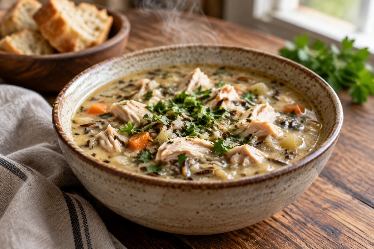 Slow cooker chicken soup with wild rice garnished with parsley in rustic bowl