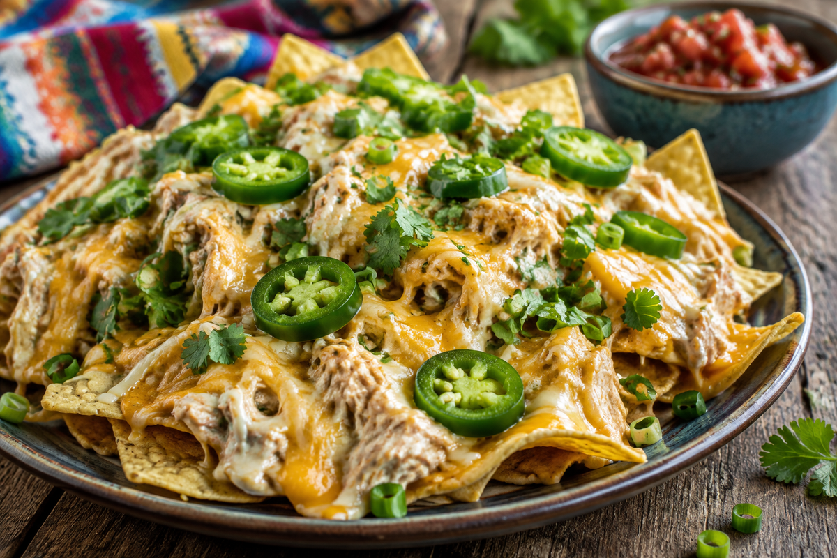 Slow cooker creamy chicken nachos topped with melted cheese, jalapeños, and cilantro